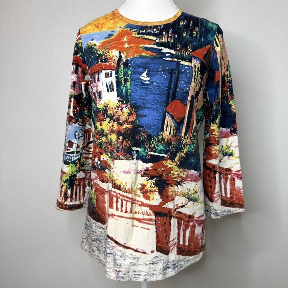 French Postcards Women’s Small Scenic Print Rhinestone 3/4 Sleeve Tunic Top Boho